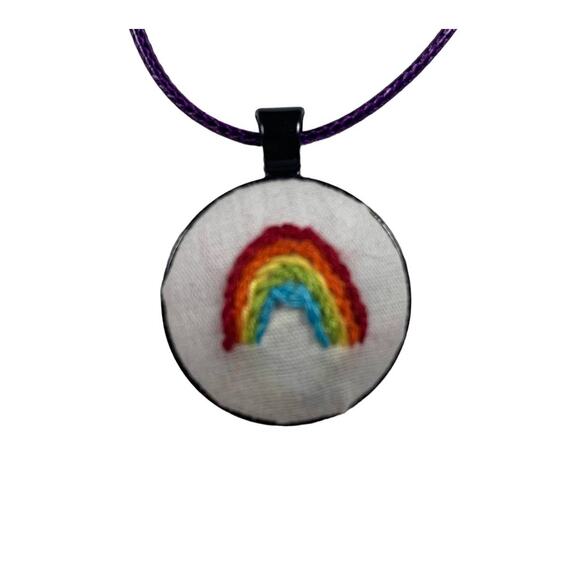 Handmade Rainbow Embroidery Necklace in 1” Round Bezel - Picture 3 of 4